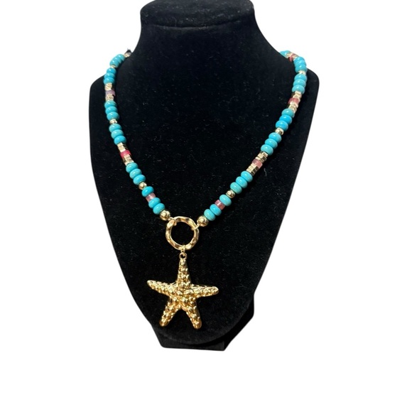Gardenia Jewelry - Turquoise Beach-Themed Necklace with Gold Accents